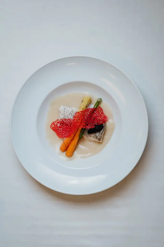 Peixe do dia com vegetais e tuile vermelha em prato branco na Adega Machado, Lisboa